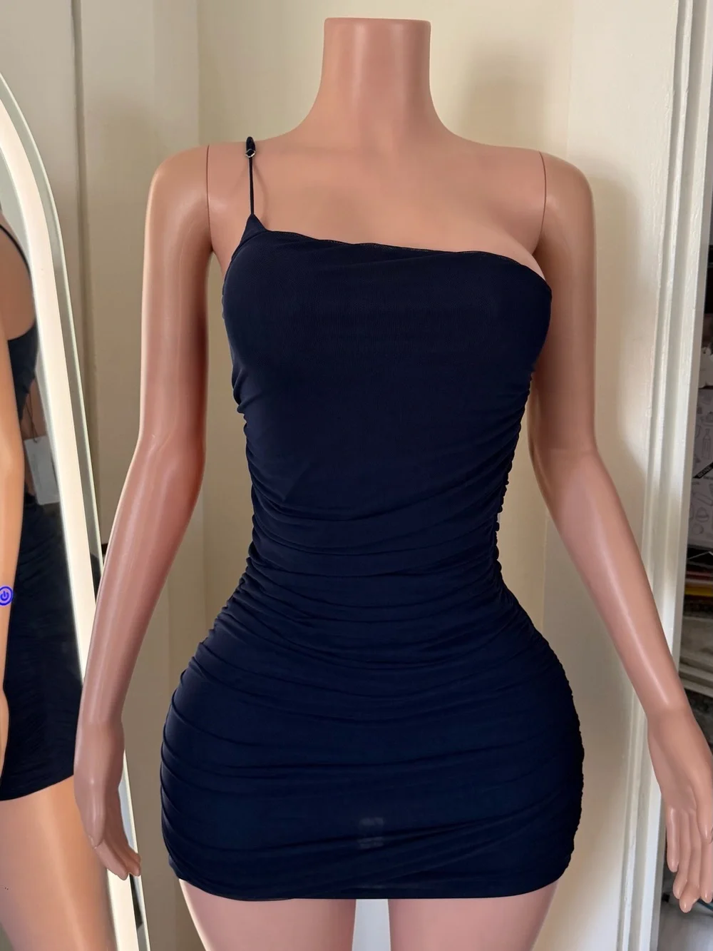 Women’s Navy Ruched Mini Dress with Spaghetti Strap